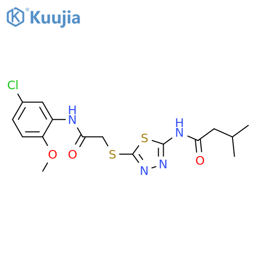 N-5-({(5-chloro-2-methoxyphenyl)carbamoylmethyl}sulfanyl)-1,3,4-thiadiazol-2-yl-3-methylbutanamide structure