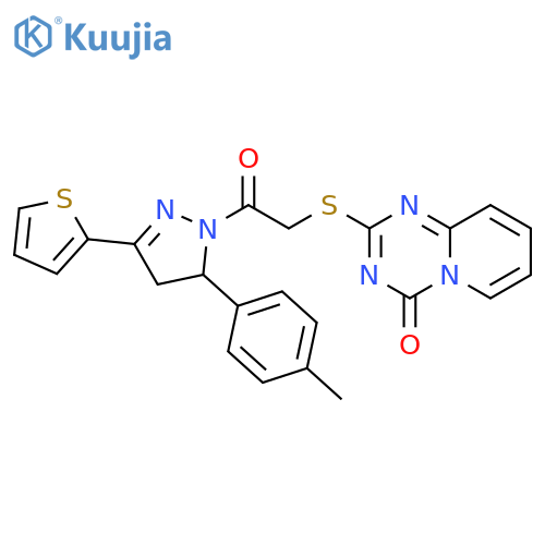 2-({2-5-(4-methylphenyl)-3-(thiophen-2-yl)-4,5-dihydro-1H-pyrazol-1-yl-2-oxoethyl}sulfanyl)-4H-pyrido1,2-a1,3,5triazin-4-one structure