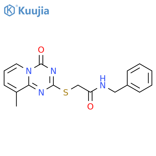 Acetamide, 2-[(9-methyl-4-oxo-4H-pyrido[1,2-a]-1,3,5-triazin-2-yl)thio]-N-(phenylmethyl)- structure