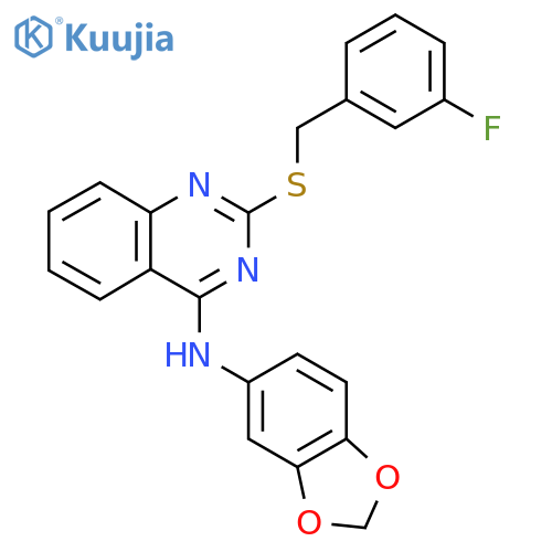 N-(2H-1,3-benzodioxol-5-yl)-2-{(3-fluorophenyl)methylsulfanyl}quinazolin-4-amine structure
