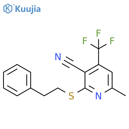 6-methyl-2-(2-phenylethyl)sulfanyl-4-(trifluoromethyl)pyridine-3-carbonitrile structure