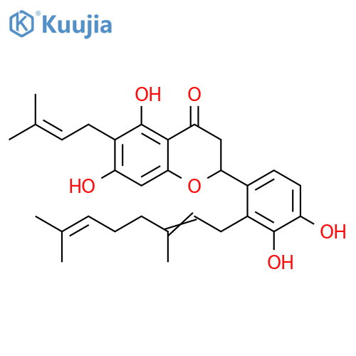 4H-1-Benzopyran-4-one, 2-[2-(3,7-dimethyl-2,6-octadien-1-yl)-3,4-dihydroxyphenyl]-2,3-dihydro-5,7-dihydroxy-6-(3-methyl-2-buten-1-yl)- structure