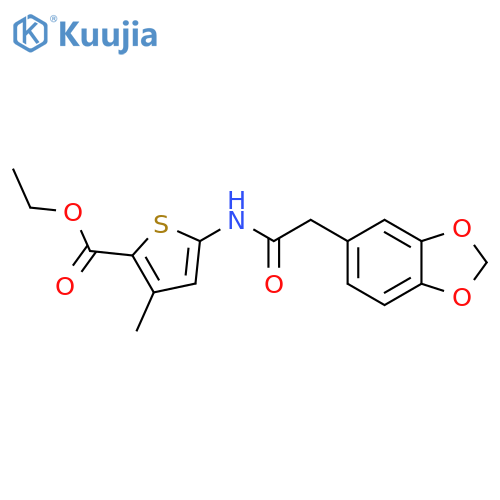 ethyl 5-2-(2H-1,3-benzodioxol-5-yl)acetamido-3-methylthiophene-2-carboxylate structure