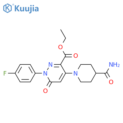 ethyl 4-(4-carbamoylpiperidin-1-yl)-1-(4-fluorophenyl)-6-oxo-1,6-dihydropyridazine-3-carboxylate structure