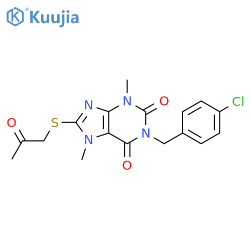 1-(4-chlorophenyl)methyl-3,7-dimethyl-8-(2-oxopropyl)sulfanyl-2,3,6,7-tetrahydro-1H-purine-2,6-dione structure