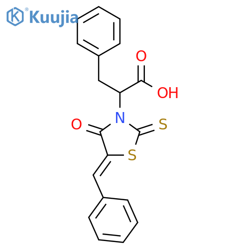2-(5Z)-4-oxo-5-(phenylmethylidene)-2-sulfanylidene-1,3-thiazolidin-3-yl-3-phenylpropanoic acid structure