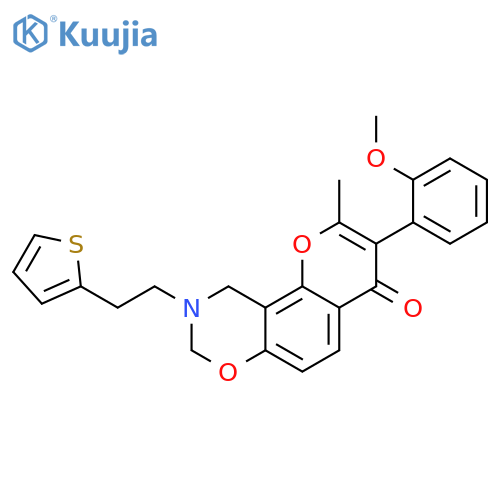 3-(2-methoxyphenyl)-2-methyl-9-2-(thiophen-2-yl)ethyl-4H,8H,9H,10H-chromeno8,7-e1,3oxazin-4-one structure