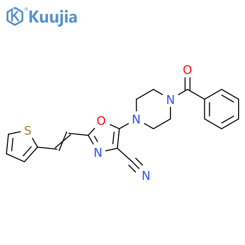 5-(4-benzoylpiperazin-1-yl)-2-(E)-2-(thiophen-2-yl)ethenyl-1,3-oxazole-4-carbonitrile structure