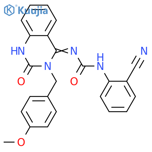 1-(2-cyanophenyl)-3-(4E)-3-(4-methoxyphenyl)methyl-2-oxo-1,2,3,4-tetrahydroquinazolin-4-ylideneurea structure