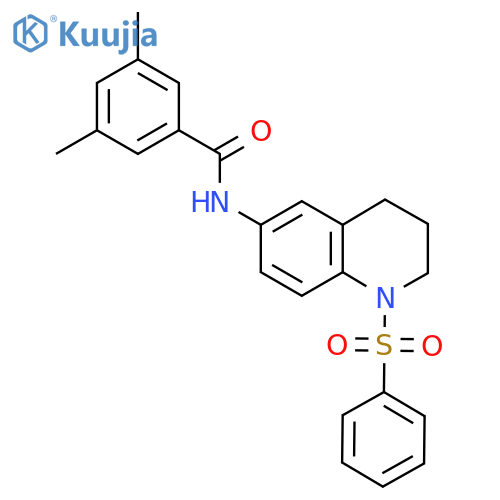 N-1-(benzenesulfonyl)-1,2,3,4-tetrahydroquinolin-6-yl-3,5-dimethylbenzamide structure