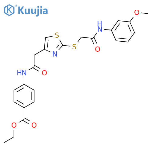 ethyl 4-{2-2-({(3-methoxyphenyl)carbamoylmethyl}sulfanyl)-1,3-thiazol-4-ylacetamido}benzoate structure