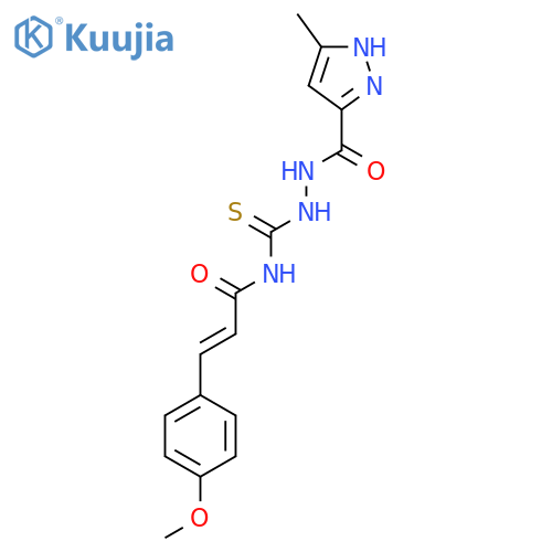 N-({(2E)-3-(4-methoxyphenyl)prop-2-enamidomethanethioyl}amino)-3-methyl-1H-pyrazole-5-carboxamide structure